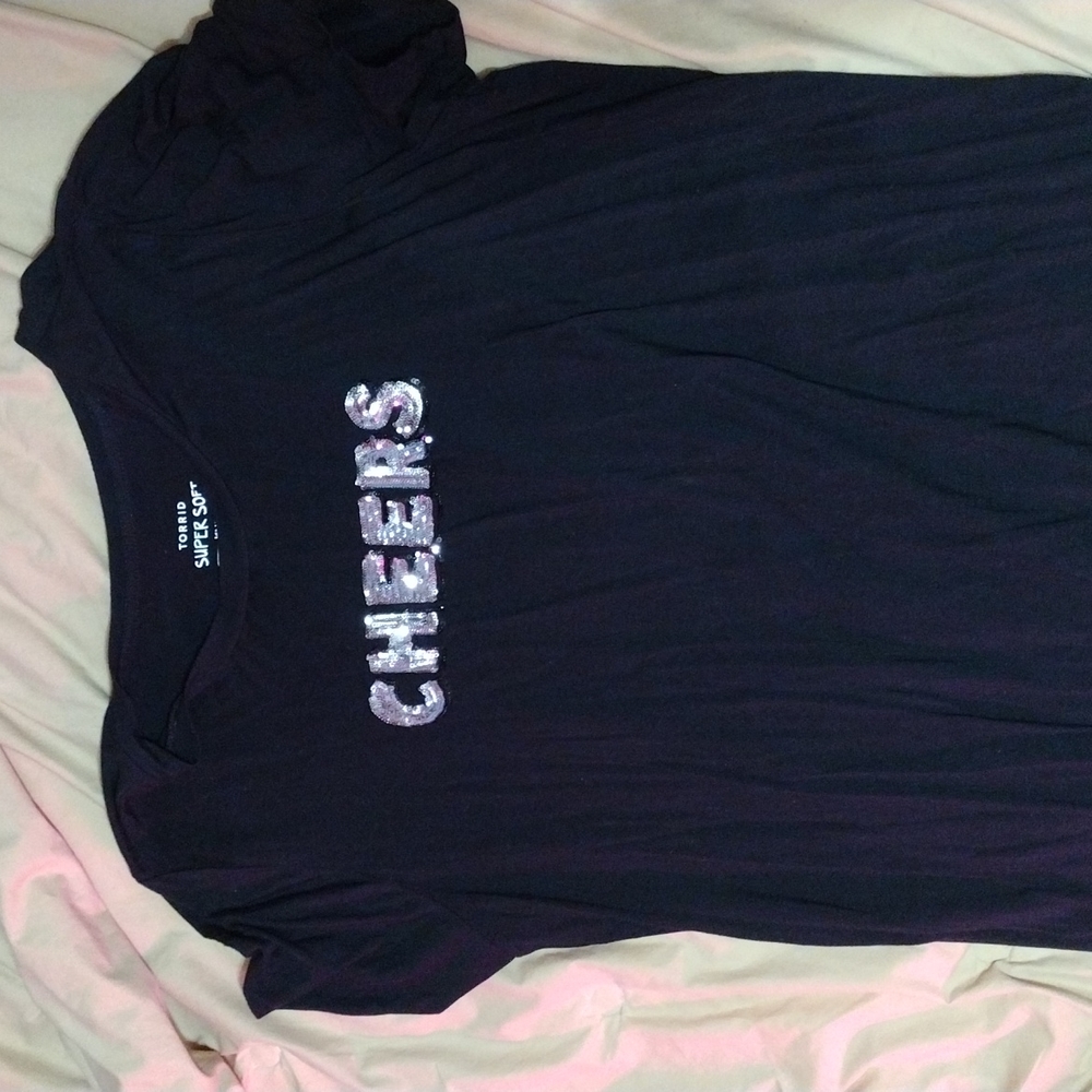 Torrid size 2 black shirt with CHEERS in glitter on front. NWOT
